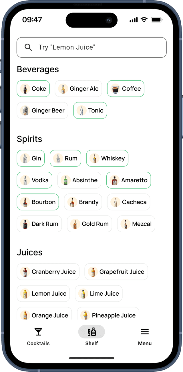 Virtual bar shelf